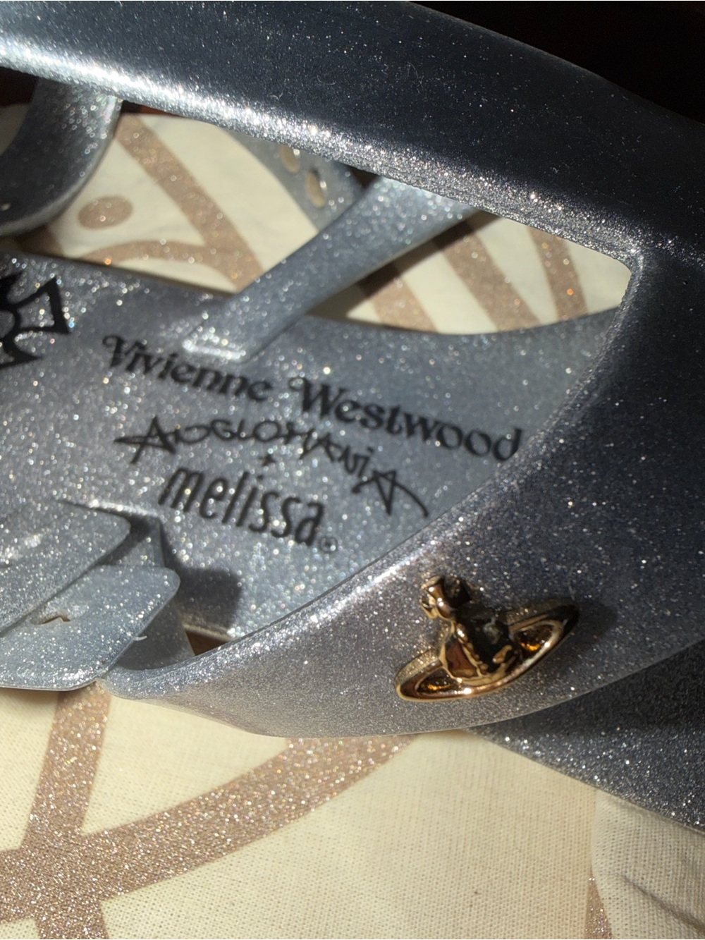 Vivienne Westwood Melissa Silver Glitter Logo Jelly Slide with Gold Orb